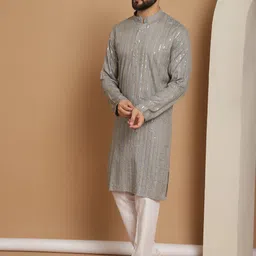 Anouk Grey Leheriya Embroidered Mandarin Collar Pure Cotton Straight Kurta With Churidar image 4