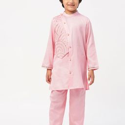 LIL DRAMA Boys Ethnic Motifs Embroidered Gotta Patti Pure Cotton Kurta With Pyjamas-picture-5