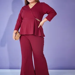 SASSAFRAS Curve Maroon Plus Size Embellished Top With Trouser Co-Ords-picture-29
