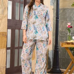 NIGHT FLOSS Printed Shirt Collar Three-Quarter Sleeves Pure Cotton Top With Palazzo-image-44