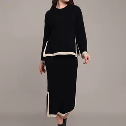 iki chic Black Self Design Round Neck Top With Skirts-picture-17