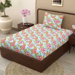ratan cart TARAN LIVING Sea Green & Red Printed 130 TC Microfiber Single Bedsheet With 1 Pillow Cover image 2