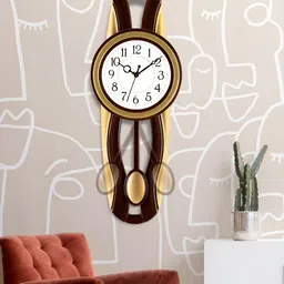 Attractionz Gold-Toned & White Round Textured Pendulum Analogue Contemporary Wall Clock image 5