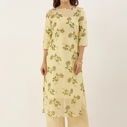 Ethnovog Women Yellow  Green Floral Foil Printed Made To Measure Straight Kurta image 1