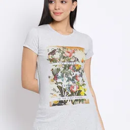 LYRA Women Grey Melange Floral Printed Cotton T-shirt-picture-40