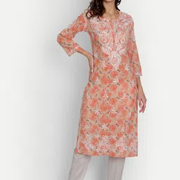 Indiankala4u Women Orange Floral Printed Thread Work Chikankari Kurta-image-60