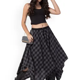 Hive91 Women Grey & Black Checked Pure Cotton Asymmetric Skirt image 4