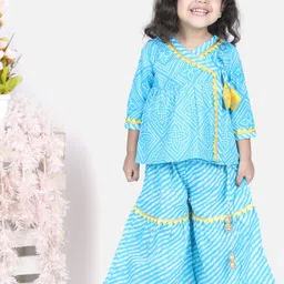 BownBee Girls Blue Bandhani Printed Angrakha Pure Cotton Kurti with Sharara-picture-21