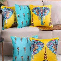 STITCHNEST Yellow & Blue 5 Pieces Ethnic Motifs Printed Velvet Square Cushion Covers image 1