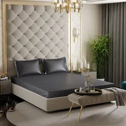 Stoa Paris Date Night Grey 300 TC Fitted Queen Satin Bedsheet with 2 Pillow Covers image 1