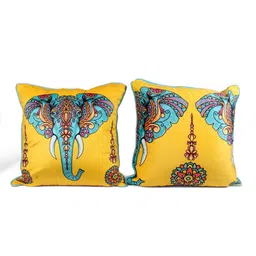 STITCHNEST Yellow & Blue 5 Pieces Ethnic Motifs Printed Velvet Square Cushion Covers image 2