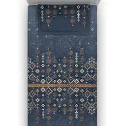 DDecor Blue & Brown Ethnic Motifs Cotton 150 TC Single Bedsheet with 1 Pillow Cover image 2