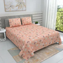 DREAM WEAVERZ Orange Floral Printed Cotton 220 TC King Bedsheet with 2 Pillow Covers image 3