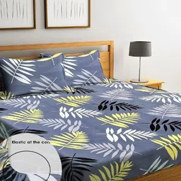 Home Sizzler Grey & Yellow Floral 144 TC Queen Bedsheet with 2 Pillow Covers image 1