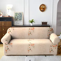 Aura Cream & Red Floral Printed Stretchable Sofa Cover With Arms image 1