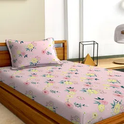 Aura Pink & Green Floral 180 TC Single 120 GSM Bedsheet with Pillow Cover-image-79