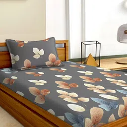 Aura Grey & Brown Floral 180 TC Single 120 GSM Bedsheet with Pillow Cover-image-95