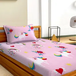 Aura Pink Cartoon Characters Microfiber 180 TC Single Bedsheet with 1 Pillow Covers-image-41