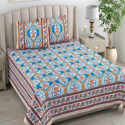 Bombay Spreads Turquoise Blue & Red Floral Cotton 180 TC King Bedsheet & 2 Pillow Covers-picture-26