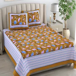 Bombay Spreads Brown & Blue Printed Cotton 180 TC King Bedsheet with 2 Pillow Covers-image-93