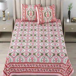 Bombay Spreads White & Pink Ethnic Motifs Cotton 180 TC King Bedsheet & 2 Pillow Covers-image-98