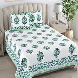 Bombay Spreads White & Green Floral Pure Cotton 180 TC King Bedsheet & 2 Pillow Covers-image-82