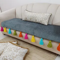 THROWPILLOW Grey & Green Anti Slip Tassels 4 Seater Sofa Cover-image-4