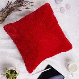 Folkstorys Red Solid Faux Fur Square Cushion Cover image 1