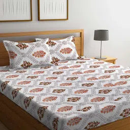 KLOTTHE White & Brown Printed 300 TC King Bedsheet & 2 Pillow Covers-picture-38