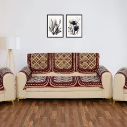 BIGGER FISH Maroon & Cream Embroidered 5 Seater Sofa Cover image 3