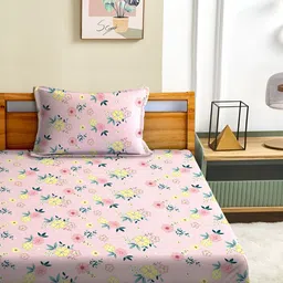 Aura Pink & Green Floral 180 TC Single 120 GSM Bedsheet with Pillow Cover image 5