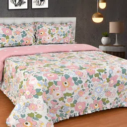 BREVARD White & Pink Floral Printed Queen Size Bed Cover with 2 Pillow Covers-picture-25