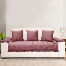 Saral Home Peach-Coloured 6 Pieces Striped Velvet Sofa Cover With Arms-picture-28