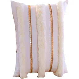 THROWPILLOW Off White & Gold Toned Embroidered Square Cushion Cover-image-63