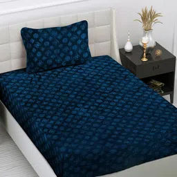 FABINALIV Navy Blue Geometric 300 TC Woollen Embossed Single Bedsheet with Pillow Cover-picture-22