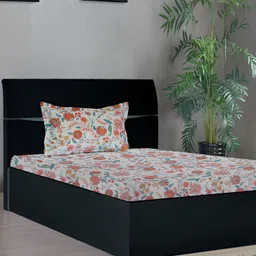 Stylista Off White Floral Cotton 400 Fitted TC Single Bedsheet with 1 Pillow Covers-image-77