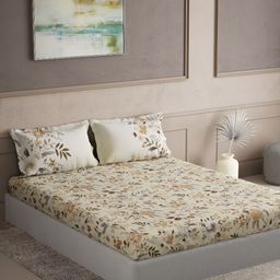 DDecor Beige & Green Floral Cotton 144 TC King Bedsheet With 2 Pillow Covers-picture-23