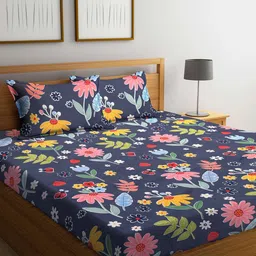 KLOTTHE Blue & Yellow Floral 300 TC King Bedsheet with 2 Pillow Covers-image-14
