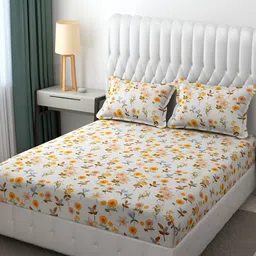 Furnistitchs White & Orange Printed Fitted 300 TC King Bedsheet With 2 Pillow Covers-picture-34