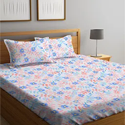 FABINALIV White & Blue Floral 300 TC Fitted King Bedsheet With 2 Pillow Covers-picture-25