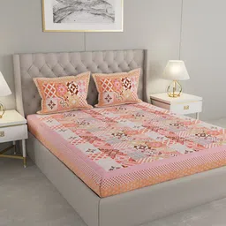 Wayne Martin Orange & Brown Geometric Cotton 330 TC King Bedsheet With 2 Pillow Covers-image-17