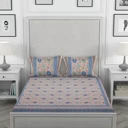 Wayne Martin Orange & Blue Floral Cotton 330 TC King Bedsheet With 2 Pillow Covers-image-2