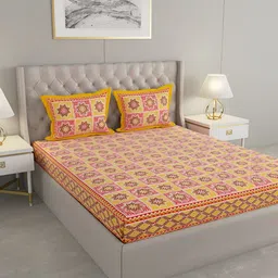 Wayne Martin Yellow and Pink Floral 330 TC King Bedsheet with 2 Pillow Covers-image-43
