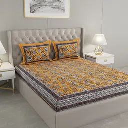 Wayne Martin Yellow and White Floral 330 TC King Bedsheet with 2 Pillow Covers-image-29