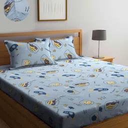 KLOTTHE Blue & Yellow Graphic 300 TC Fitted Double Bedsheet with 2 Pillow Covers-picture-44