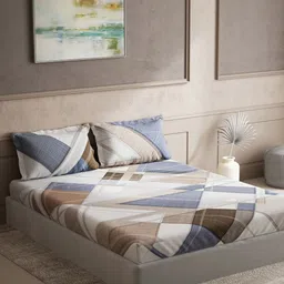 DDecor Blue & White Geometric Cotton 140 TC King Bedsheet with 2 Pillow Covers image 1