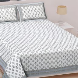 Texstylers Grey Floral Cotton Queen Bedsheet with 2 Pillow Covers-picture-33