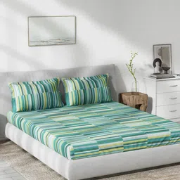 DDecor Green & White Striped 130 TC Queen Bedsheet with 2 Pillow Covers-picture-35