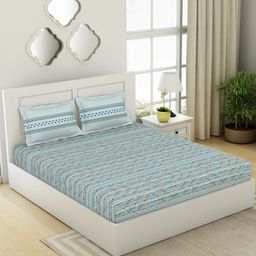 SPACES Gypsy Blue & Orange Printed Cotton 144 TC Queen Bedsheet with 2 Pillow Covers-picture-48