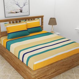 MORADO Beige & Blue Striped 210 TC Queen Bedsheet with 2 Pillow Covers-picture-45